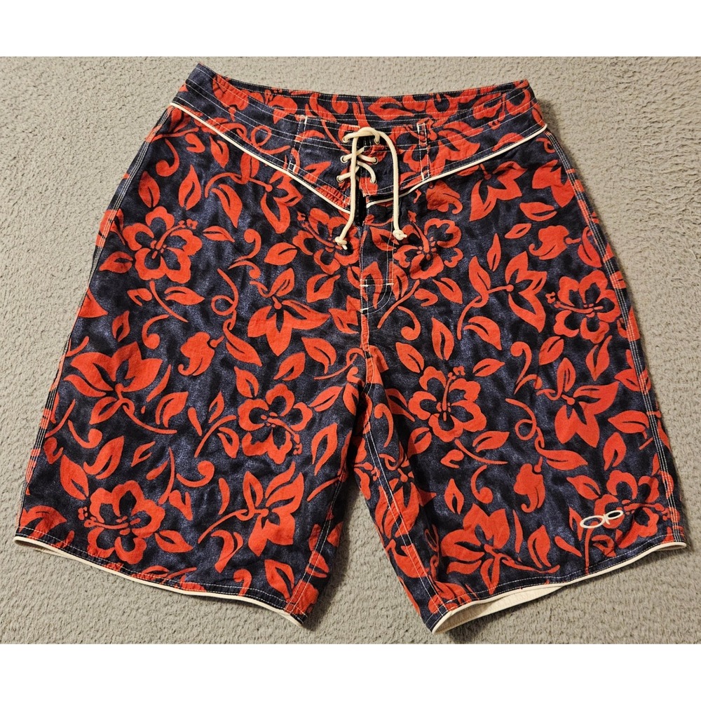 Vintage Ocean Pacific Mens Board Shorts 32 Red Navy Hibiscus Floral Swim Trunks